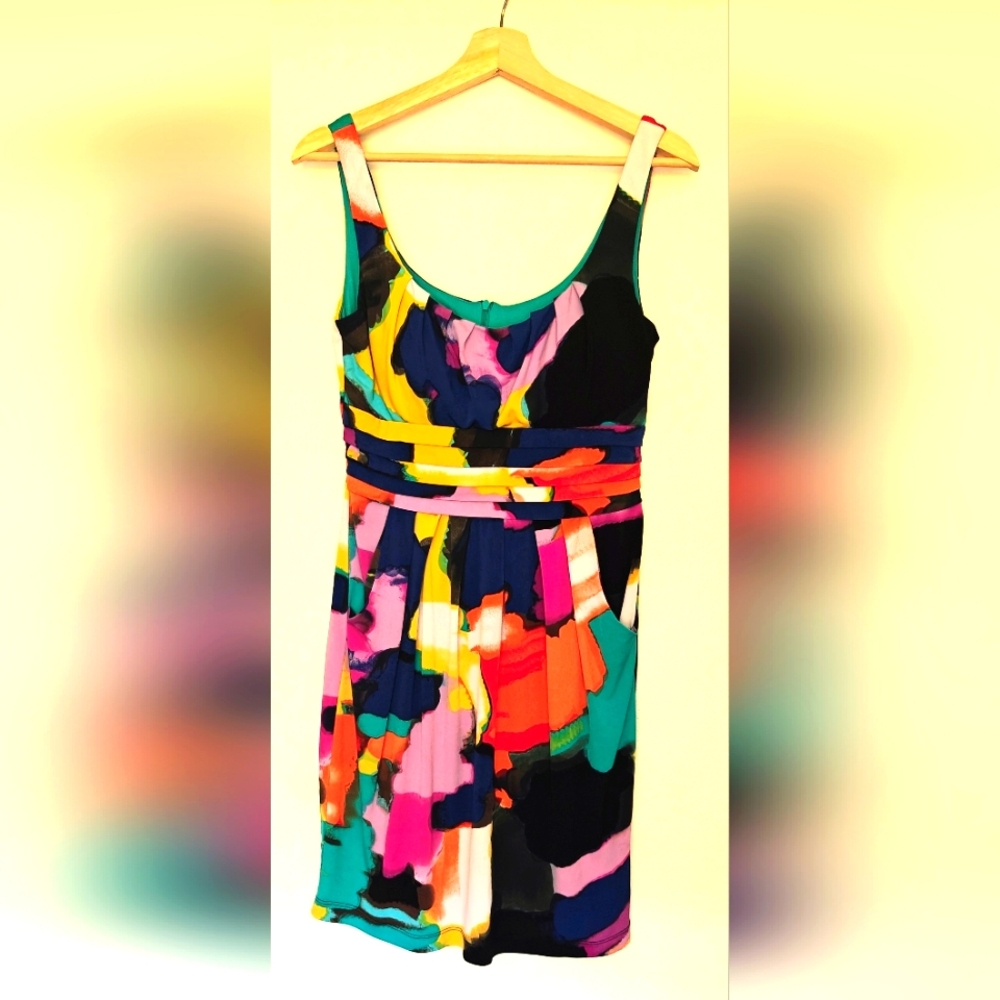 Bisou Bisou Artsy Colorful Abstract Dress with Pockets Women's Size 10